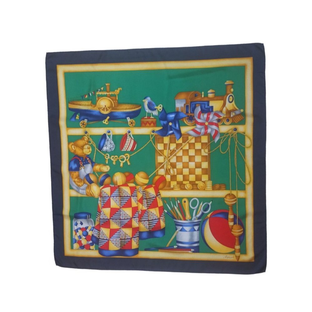 ASCOT Green Toys Silk Scarf ITALY 34.5"/ 33.5” EC
